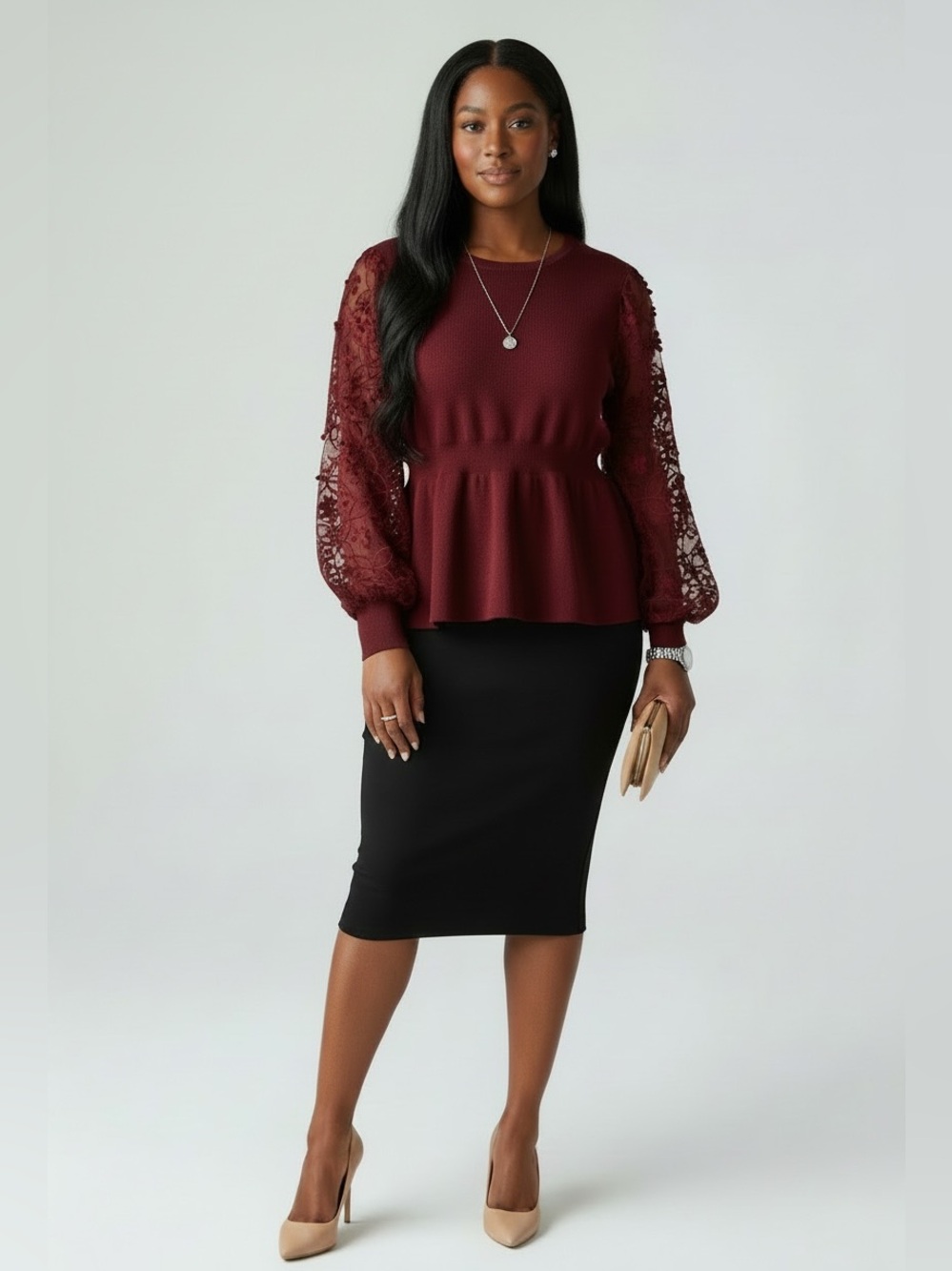 Burgundy Lace Sleeve Peplum Top